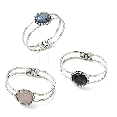 Natural Mixed Stone Flat Round Brass Hinged Cuff Bangles BJEW-JB14317-1