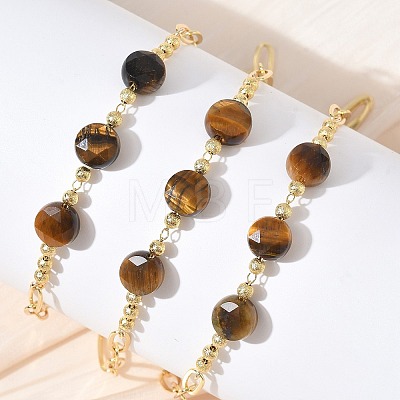 Natural Tiger Eye Faceted Flat Round Beaded Brass Paperclip Chain Bracelets GG-CBA37F5-02G-08-1