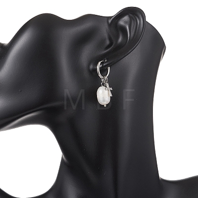 Natural Cultured Freshwater Pearl Rice with Cross Hoop Earrings EJEW-JE06744-1