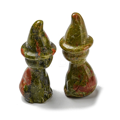 Natural Unakite Carved Healing Cat with Witch Hat Figurines DJEW-D012-07H-1