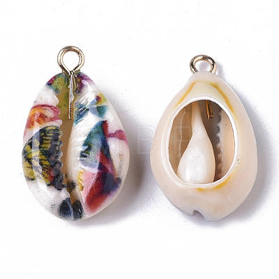 Printed Natural Cowrie Shell Pendants X-SSHEL-R047-02-B01-1