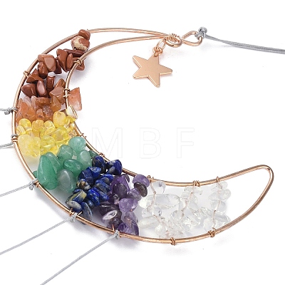 Brass Wire Wrapped Chakra Natural Gemstone Chips Hanging Ornaments AJEW-B028-01G-02-1