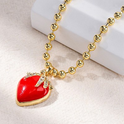 Brass Red Enamel Strawberry Pendant Ball Chain Necklaces NJEW-Z059-02G-1