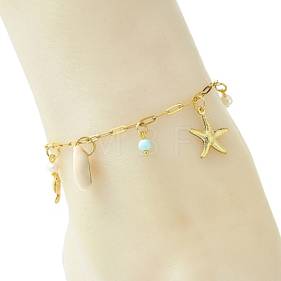 Ocean Natural Cowrie Shell & 304 Stainless Steel Starfish & Dyed Round Natural Howlite Charm Anklets for Women AJEW-AN00819-1