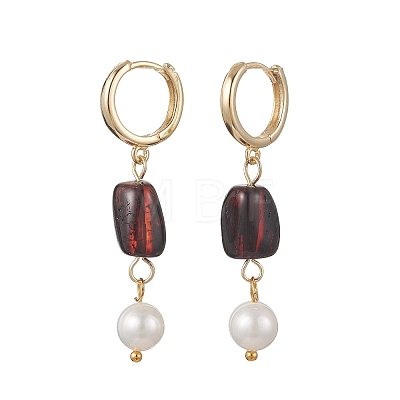 Round Natural Amber & Natural Cultured Freshwater Pearl Hoop Earrings EJEW-JE06998-1