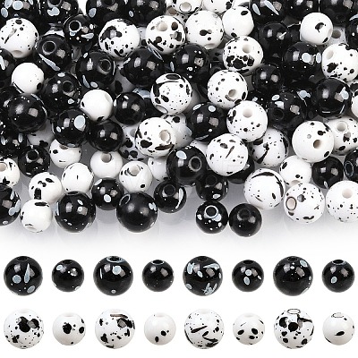 200Pcs 4 Styles Printed Opaque Acrylic Round Beads ACRP-YW0001-19-1