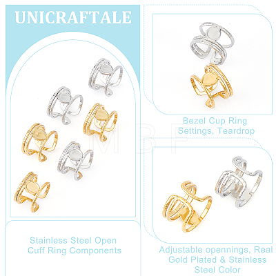 Unicraftale 6Pcs 2 Colors 304 Stainless Steel Open Cuff Ring Components STAS-UN0056-76-1