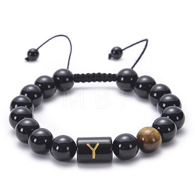 10MM Natural Black Onyx(Dyed & Heated) and Tiger Eye Alphabet Round Braided Bead Adjustable Bracelets for Women DM6424-25-1