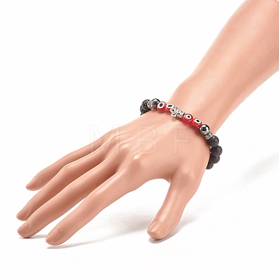 Natural Lava Rock & Synthetic Hematite Stretch Bracelet with Lampwork Evil Eye Beaded BJEW-JB08308-1