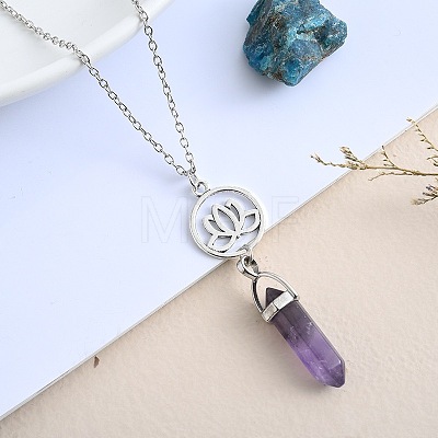 Natural Amethyst Hexagonal Prism Pointed Faceted Bullet and Alloy Lotus Flower Pendant Necklaces for Women VW3662-5-1