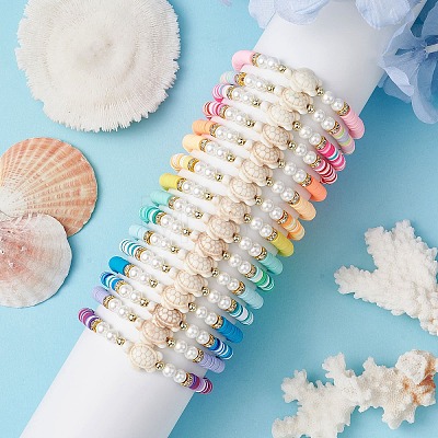 16Pcs 16 Colors Summer Beach Sea Turtle Synthetic Turquoise & Shell Pearl & Polymer Clay Beaded Stretch Bracelet Sets BJEW-JB10810-1