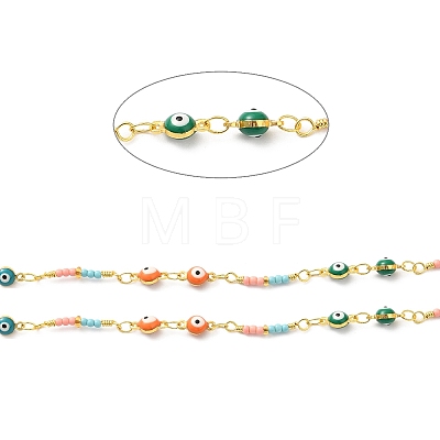 Handmade Brass Enamel Flat Round with Evil Eye Link Chains CHC-M024-23G-02-1