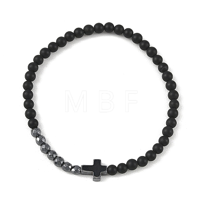 Synthetic Hematite & Natural Black Agate Beaded Stretch Bracelets BJEW-JB14011-1