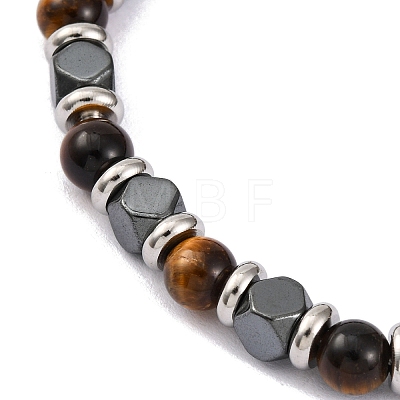 Natural Tiger Eye & Magnetic Synthetic Hematite Round Beaded Bracelet BJEW-P339-02P-03-1