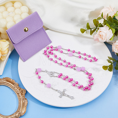 Imitaiton Round Pearl with Resin Flower Rosary Bead Necklaces NJEW-DC0001-23A-1