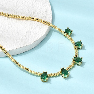 Brass Pave Cubic Zirconia Teardrop Pendant Round Beaded Necklaces NJEW-C121-01G-04-1