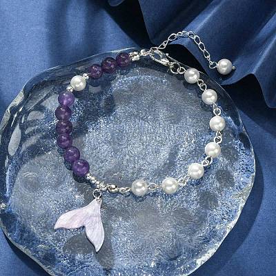 Cellulose Acetate(Resin) Whale Tail Charm Bracelet BJEW-TA00350-1