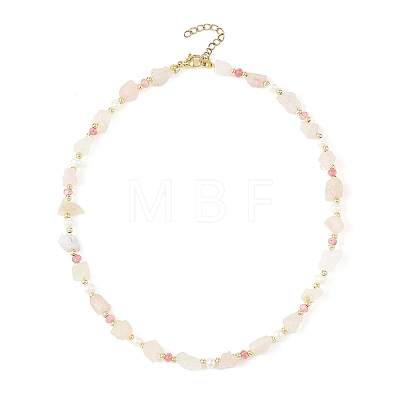 Raw Natural Madagascar Rose Quartz & Dyed Pink Faceted Rondell Malaysia Jade & Pearl Beaded Necklaces for Women NJEW-JN06590-1