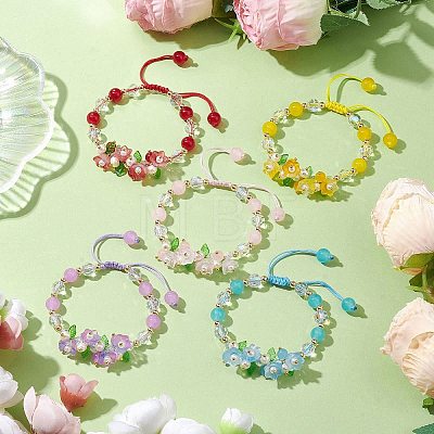 Flower Glass & Acrylic Braided Bead Adjustable Bracelets for Women BJEW-JB10446-1