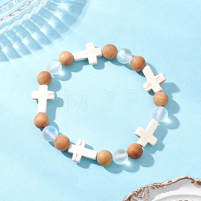 Natural Wood Round Beads Stretch Bracelets for Women BJEW-JB12590-1