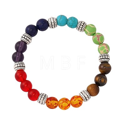 7 Chakra Gemstone and Alloy Round Beaded Stretch Bracelets TK2195-1