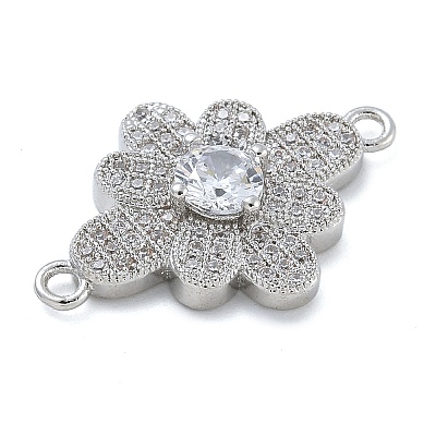 Rack Plating Brass Clear Cubic Zirconia Flower Connector Charms KK-A234-071P-1