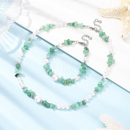Natural Green Aventurine Chip Beads Bracelets & Necklaces Sets SJEW-JS01357-04-1