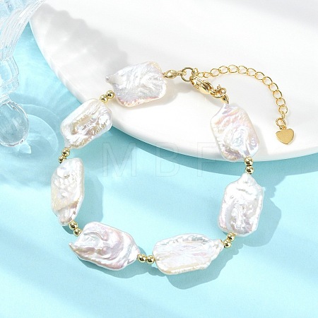 Rectangle Natural Keshi Pearl & Brass Beaded Bracelets for Women BJEW-JB13622-1