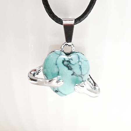 Dyed Synthetic Turquoise Heart with Metal Hands Pendant Necklaces FX8013-10-1