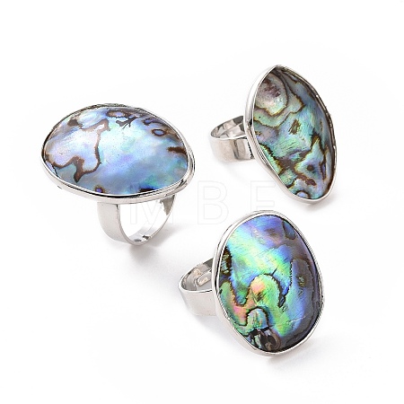 Platinum Plated Brass Abalone Shell/Paua ShellFinger Rings RJEW-E023-02-1