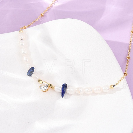 Natural Lapis Lazuli Chip and Rice Natural Pearl Beaded Necklaces GG-CBA3297-15G-C-1