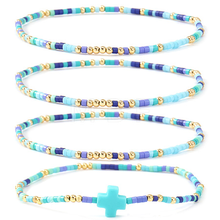 4Pcs Bohemian Summer Cross & Glass Seed Bead Beaded Stretch Bracelet Sets BE5944-8-1