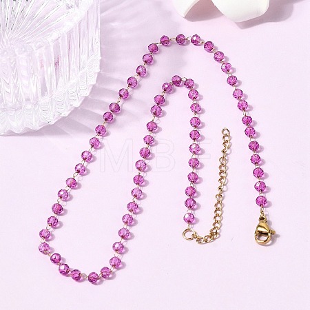 304 Stainless Steel with Glass Faceted Rondelle Bead Handmade Link Chain Birth Stone Necklaces for Women NJEW-G195-01G-08-1