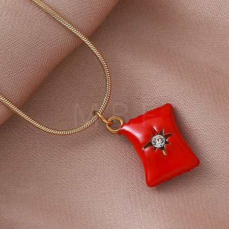 Vintage European 304 Stainless Steel Crystal Rhinestone Red Coin Candy Charm Necklaces with Enamel for Women EK6203-1