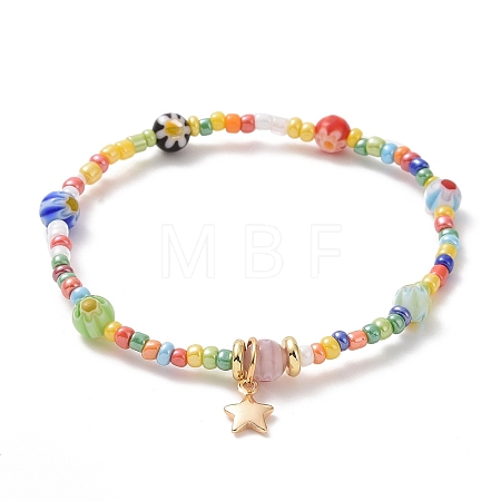 Seed & Millefiori Glass Beaded Stretch Bracelet with Brass Star Charms for Women BJEW-JB09355-1