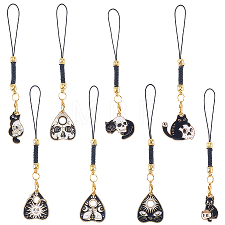 16Pcs 8 Colors Cat Shape Alloy Glass Mobile Straps HJEW-SC00123-1