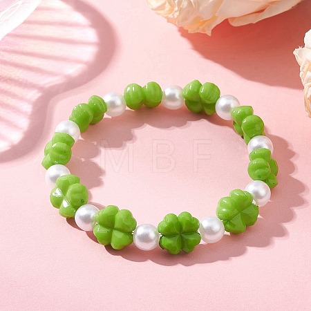 Clover Acrylic & Imitated Pearl Beaded Stretch Bracelets for Girl BJEW-JB13537-1