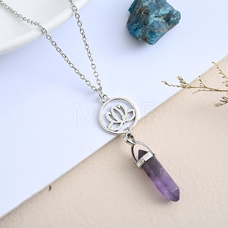 Natural Amethyst Hexagonal Prism Pointed Faceted Bullet and Alloy Lotus Flower Pendant Necklaces for Women VW3662-5-1