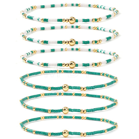 6Pcs Handmade Glass Seed Bead & Brass Beads Stretch Bracelets XZ6120-2-1