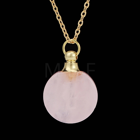 Natural Rose Quartz Flat Round Perfume Bottle Pendant Necklaces PW-WGD45C6-05-1