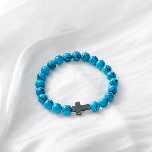 Synthetic Turquoise & Cross Stretch Bracelet TO4713-4-1