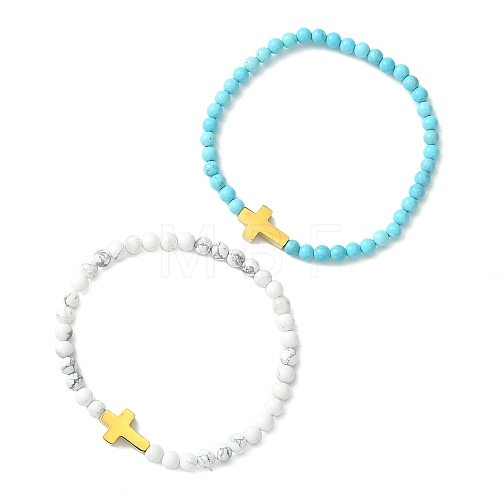 2Pcs 2 Style Natural Howlite & Synthetic Turquoise & 304 Stainless Steel Cross Beaded Stretch Bracelets Set BJEW-JB09465-02-1
