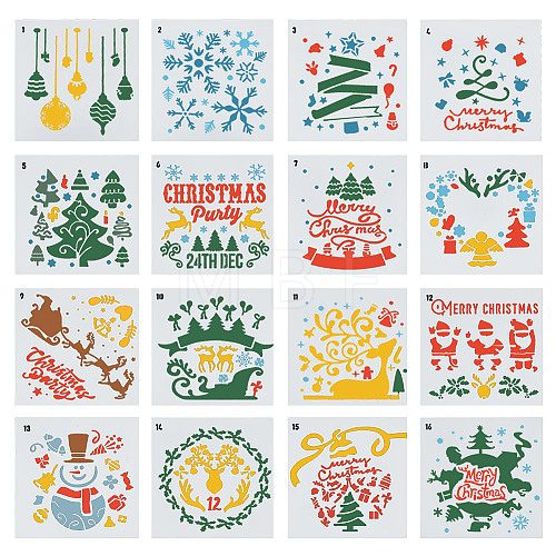 16Pcs 16 Styles Christmas Theme PET Plastic Hollow Out Drawing Painting Stencils Templates DIY-WH0387-80-1