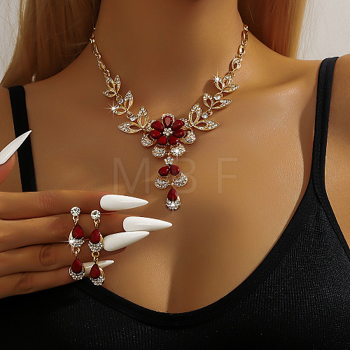 Flower Alloy Rhinestone Pendant Necklaces & Teardrop Stud Dangle Earrings Sets FS-WG19EE6-02-1