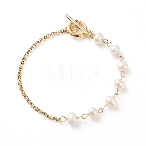 Natural Pearl Beaded Link Bracelet with 304 Stainless Steel Rolo Chains for Women BJEW-JB08776-01-1