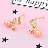 Pearl Pink Natural Pearl Musical Note Stud Earrings with Cubic Zirconia EJEW-T019-05G-2