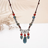 Bohemian Bohemian Alloy with Porcelain Teardrop Bead Tassel Pendant Adjustable Necklaces FS-WG3E161-02-1
