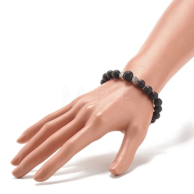 Natural Lava Rock Round Beaded Stretch Bracelet with Alloy Flower BJEW-JB08010-1