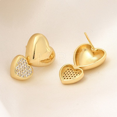 Rack Plating Heart Brass Micro Pave Clear Cubic Zirconia Stud Earrings EJEW-H143-26G-1