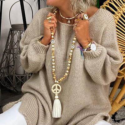 Wood & Synthetic Turquoise Beaded Peace Sign Mala Necklaces with Tassel for Women FS-WGC7FA0-01-1